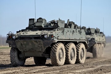 Armored military vehicles moving on a dusty road