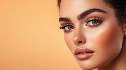 Fototapeta premium Trendy Beauty Salon Services Featuring Woman Enjoying a Luxurious Facial Treatment in a Soft Orange Background for a Modern Aesthetic Appeal