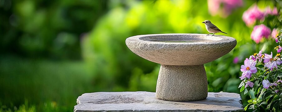 Stone birdbath in a garden with blooming flowers, elegant garden decor, soft sunlight reflecting off the water, vibrant green backdrop, peaceful and timeless setting