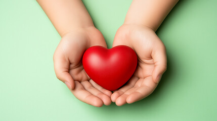 Child and mother hands holding red heart on green background, symbolizing love and care