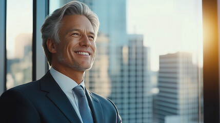 Fototapeta premium Middle aged businessman smiling confidently in modern office with cityscape view
