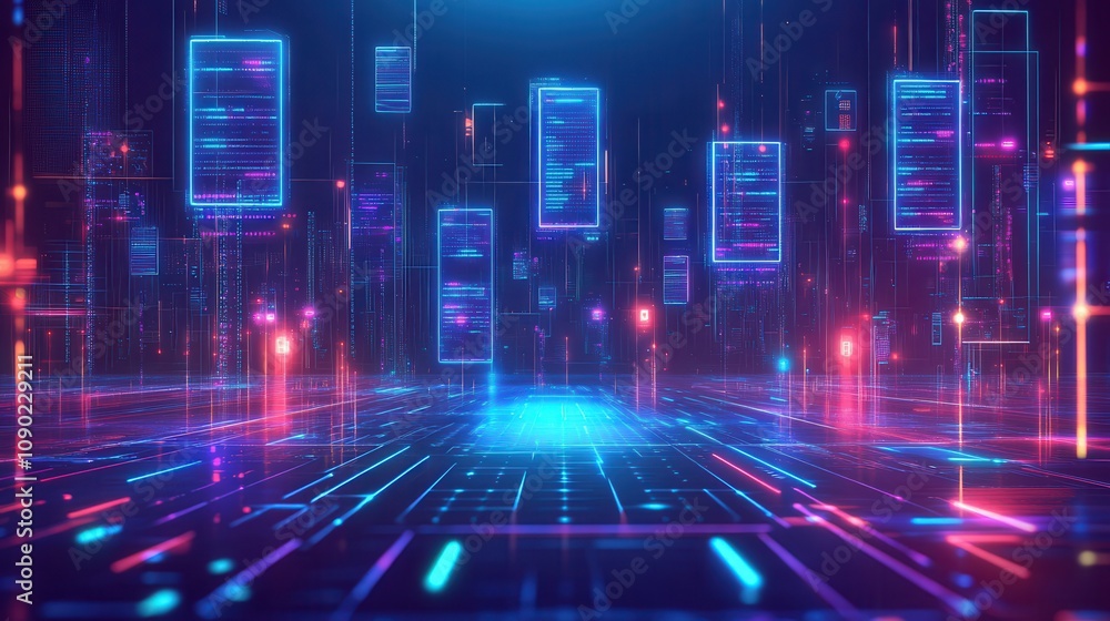 Poster a futuristic digital landscape with glowing data streams and floating screens.