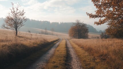 Obraz premium Dirt road through a misty autumn field with trees