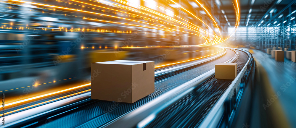 Poster cardboard boxes move swiftly on conveyor belt in modern warehouse, illuminated by dynamic light trai