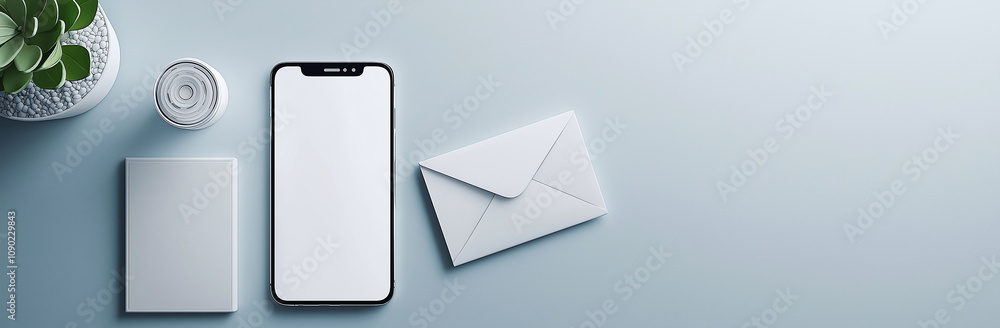 Poster smartphone, envelope, and notebook are neatly arranged on minimalist desk, creating clean and organi