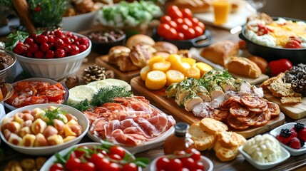 Fototapeta premium A vibrant spread of festive food, featuring various meats, fruits, and breads.