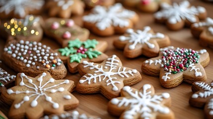 Fototapeta premium Festive holiday cookies decorated with icing and sprinkles, creating a cheerful atmosphere.