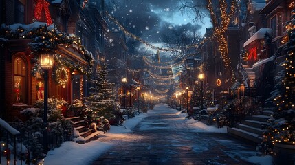 Fototapeta premium A magical winter street adorned with festive lights and snow.