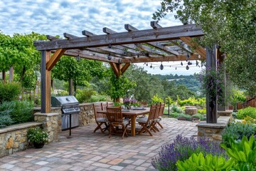 Obraz premium Outdoor patio with wooden pergola, dining table, and greenery
