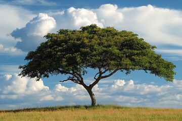 Fototapeta premium Solitary tree on grassy hill under cloudy blue sky