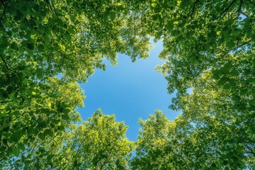 Fototapeta premium Lush green canopy, vibrant blue sky. Perfect for nature, spring, or environmental themes; evokes peace and tranquility.