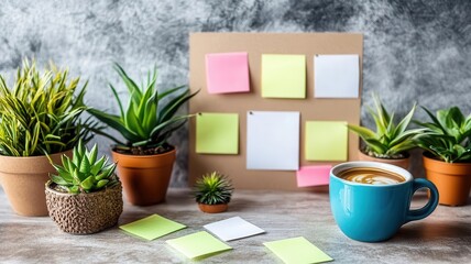 Fototapeta premium A cozy workspace with a 2025 vision board featuring blank sticky notes, surrounded by small plants and a coffee cup