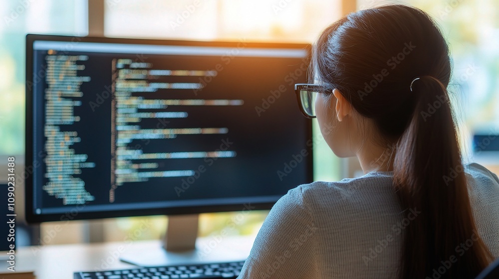 Poster young asian woman developer programming on a computer, focused on coding in modern workspace, showca