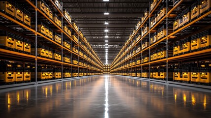 Obraz premium A vast industrial warehouse filled with towering metal shelves, stacked with crates and tech components, clean floors reflecting machinery lights