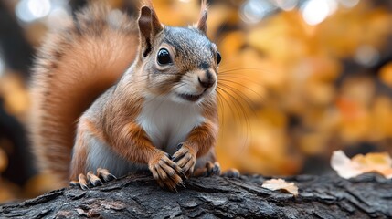Close-up of a furry squirrel with a bushy tail amidst autumn foliage.
