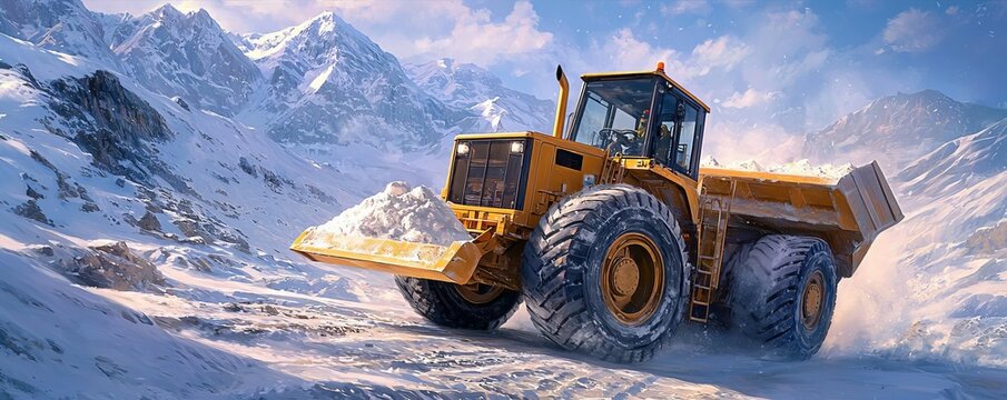 A powerful bulldozer clearing snow in a stunning mountainous landscape, showcasing the resilience of machinery against nature's elements.