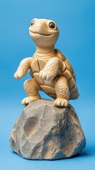 A decorative figurine of a turtle perched on a rock against a blue background.
