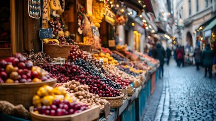 Fototapeta premium Vibrant market showcasing a variety of fresh fruits and vegetables in warm tones.