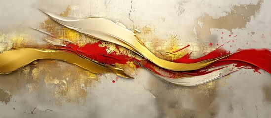 Abstract Gold, Red, and White Waves on Textured Canvas
