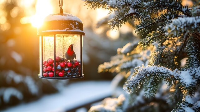 A red bird perched in a snow-covered lantern, surrounded by bright red berries.