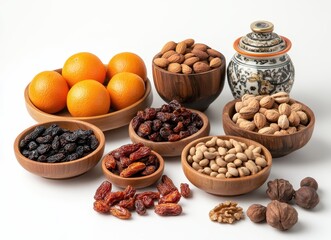 Obraz premium A vibrant assortment of nuts, dried fruits, and oranges in wooden bowls, highlighted by a decorative jar, showcasing a healthy snack theme.