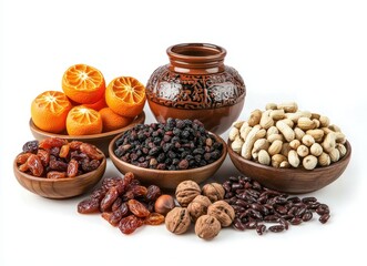 Fototapeta premium A colorful arrangement of dried fruits, nuts, and spices in bowls, accompanied by a decorative jar and vibrant orange fruits.