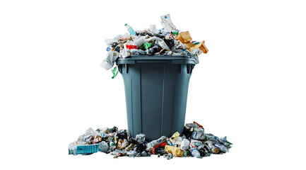 Overflowing trash can with scattered garbage on a white background