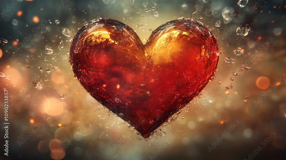 Poster a 3d rendering of a red heart shaped object made of liquid with water droplets around it.