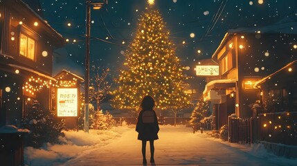 Obraz premium A young girl in a winter coat gazes at a beautifully lit Christmas tree in the evening.