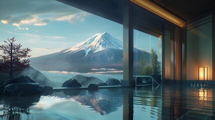Fototapeta premium Relaxing Hot Spring Retreat Mount Fuji Scenic Viewpoint Tranquil Environment Japanese Onsen Experience