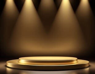 Gold background podium award stage light golden win 3D platform. Background luxury gold podium winner ceremony spotlight star abstract shine prize champion design victory show product template