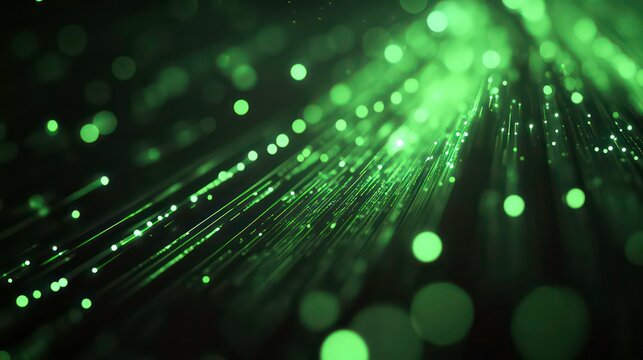 Abstract green light streaks and bokeh on black background.