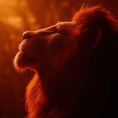 A majestic lion gazes upward in a warm, atmospheric setting.