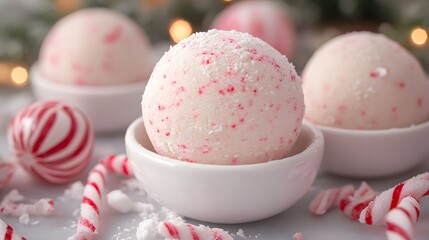 Obraz premium Delicious pink peppermint bath bombs in white bowls, surrounded by festive candy canes.