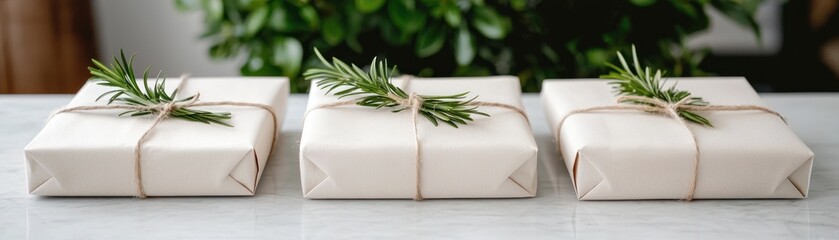 Three elegantly wrapped gifts adorned with fresh rosemary sprigs, set against a soft, green background, conveying a festive and natural aesthetic.