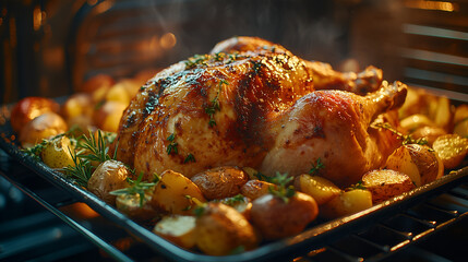 Naklejka premium roasting chicken in an oven with herbs and potatoes on the side, shot from behind the glass door of the oven. 