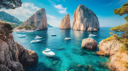 Obraz premium Stunning coastal view with boats near majestic cliffs in a serene blue sea.