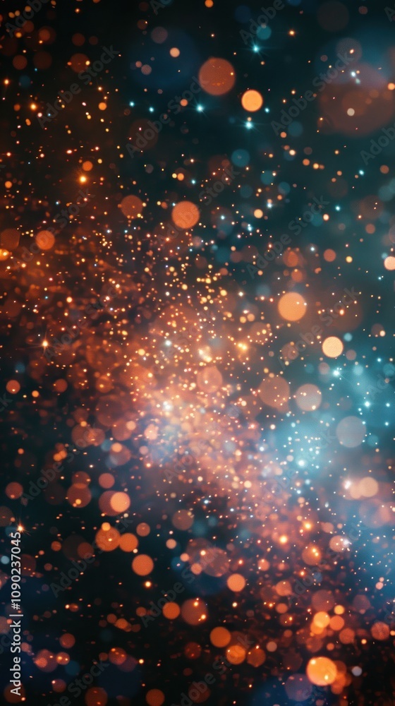 Poster abstract background with colorful bokeh lights and glitter on dark background.