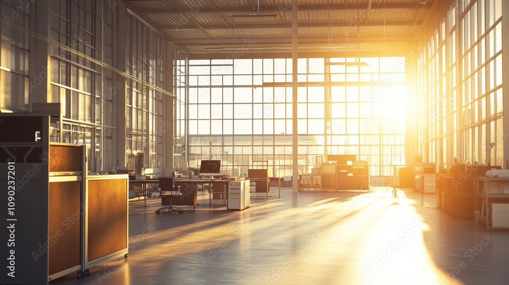 Poster bright office space with large windows and sunlight streaming in, creating a warm atmosphere.