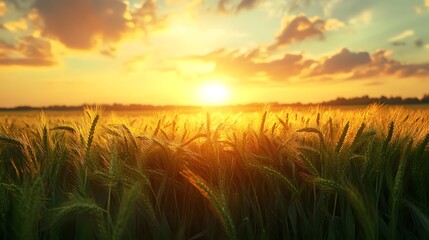 Fototapeta premium Golden sunset over a serene wheat field creating a tranquil atmosphere.