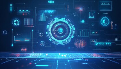 Obraz premium Futuristic digital interface with glowing blue and red elements and a digital grid floor.