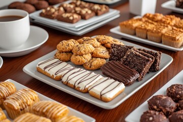 Fototapeta premium A variety of delicious cookies and pastries arranged on plates, accompanied by a cup of coffee, perfect for a sweet treat.