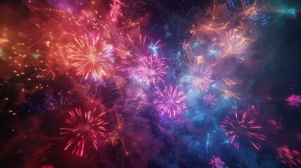 Colorful Holiday Fireworks on Night Background. Panoramic View