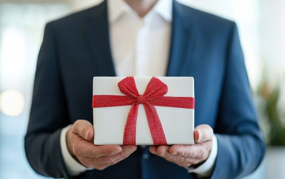 A man in a suit holds a beautifully wrapped gift with a red ribbon, symbolizing celebration and thoughtfulness.