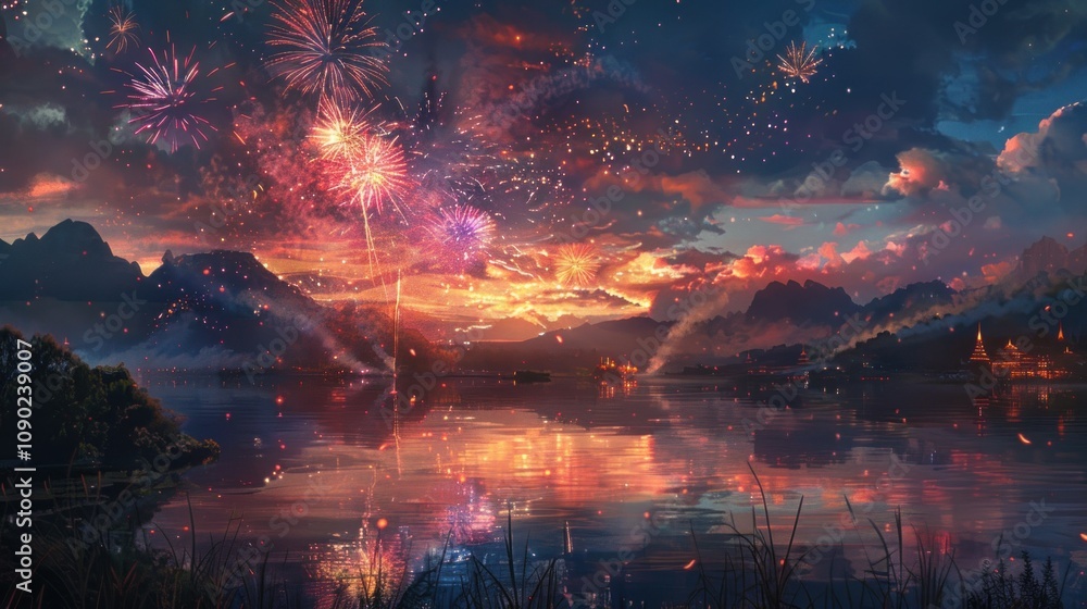 Poster vibrant fireworks explode over a still lake with mountains in the background and a setting sun creat