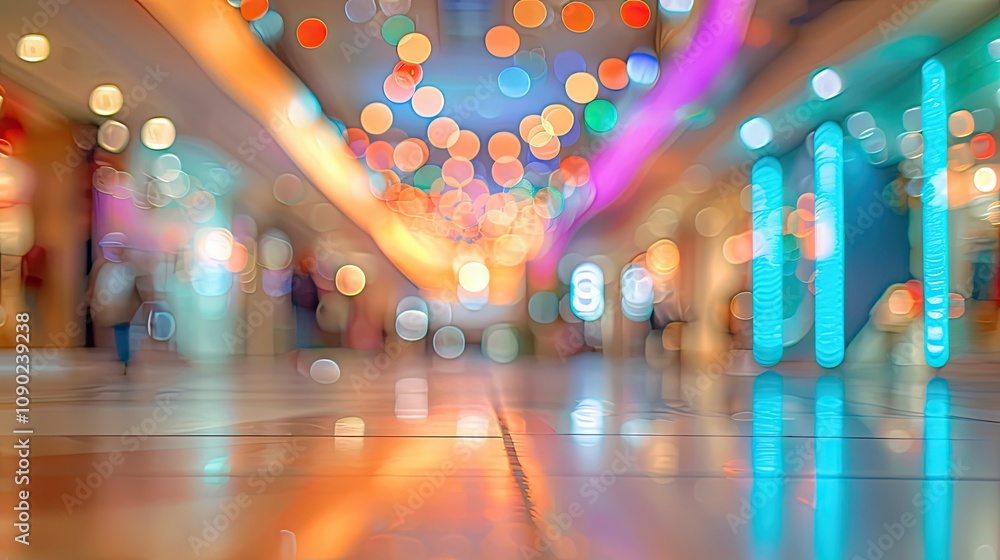 Poster Blurred lights and reflections in a hallway. This image is perfect for creating a sense of movement and excitement.