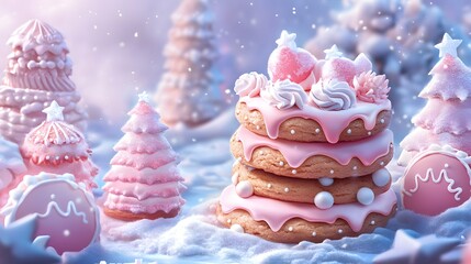 Whimsical pink dessert scene with a three-layered cake and charming confections.