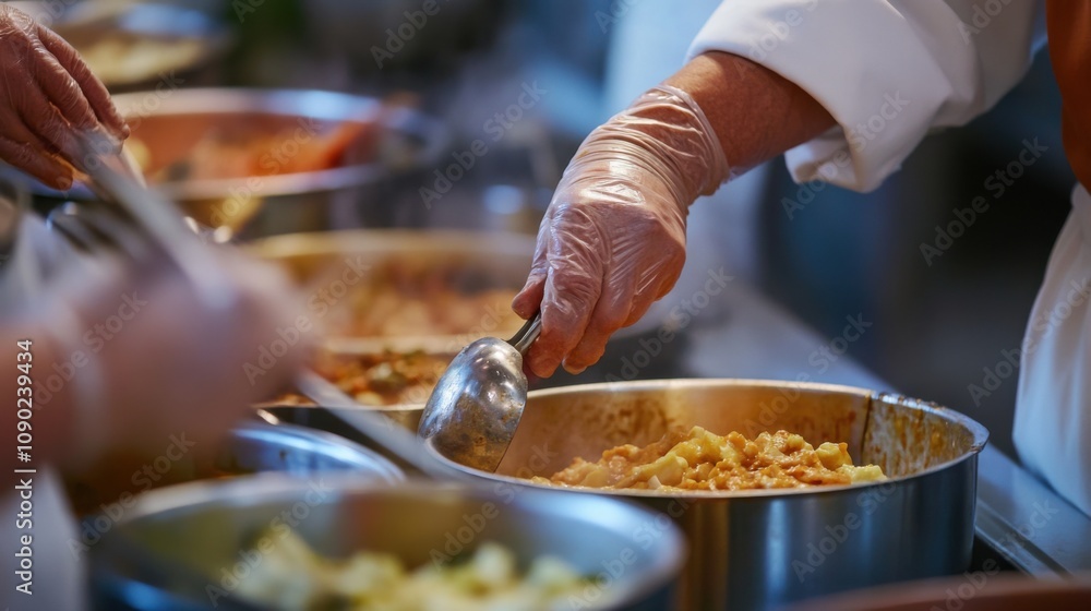 Poster the hands of a chef preparing a nutritious meal in a bustling soup kitchen, reflecting dedication to