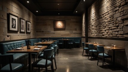 Here's a description and keywords for your stock photo.. Elegant, dimly lit restaurant private dining room with stone wall, teal banquettes, and wooden tables.