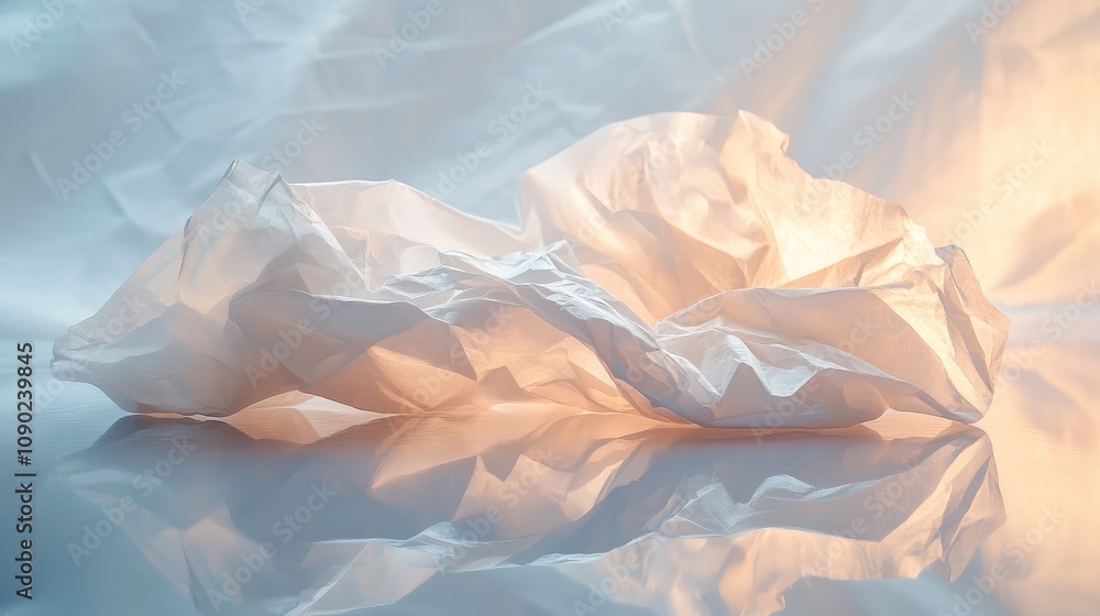Poster softly illuminated crumpled paper on reflective surface exhibiting texture and light dynamics in a m